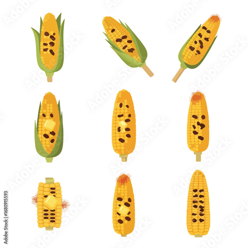 Collection of nine illustrations of grilled corn on the cob with kernels showing char marks