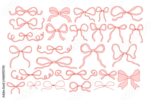 Set of hand drawn ribbon bows in coquette style. Cute feminine decorative elements for wedding digital design, scrapbooking, planners, Christmas invitations, packaging, and social media. Vector art