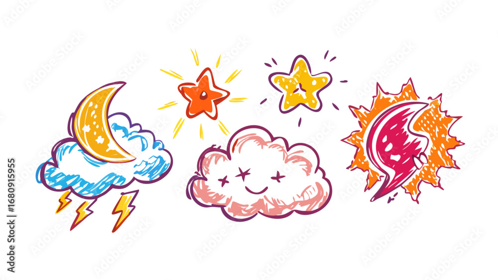 Fototapeta premium Cartoon weather icons with moon stars and sun comic