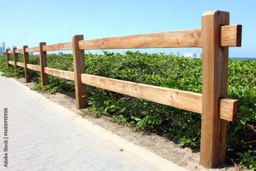 Fototapeta premium Wooden fence bordering a walkway and lush greenery