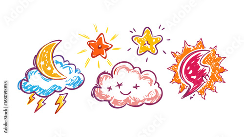 Cartoon weather icons with moon stars and sun comic