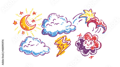 Cartoon weather icons with moon sun clouds lightning
