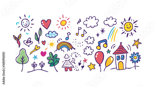 Cheerful doodle art with suns hearts and house illustration