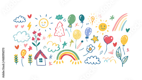 Cheerful doodle elements with suns and balloons rainbow