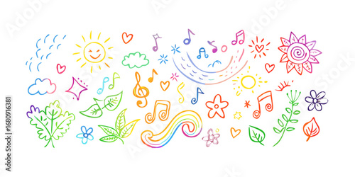 Cheerful multicolor doodles of nature and music vector