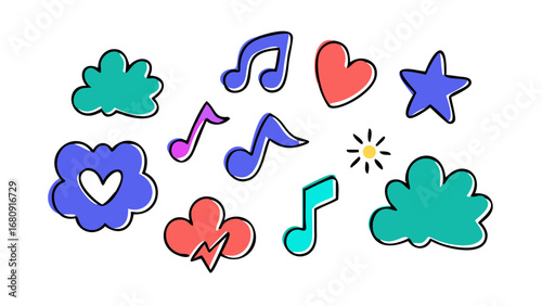 Colorful abstract shapes and music notes heart star