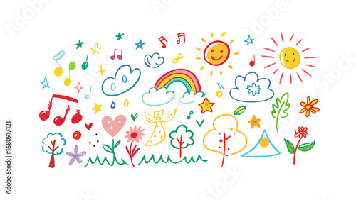 Colorful doodle art with sun rainbow and music notes