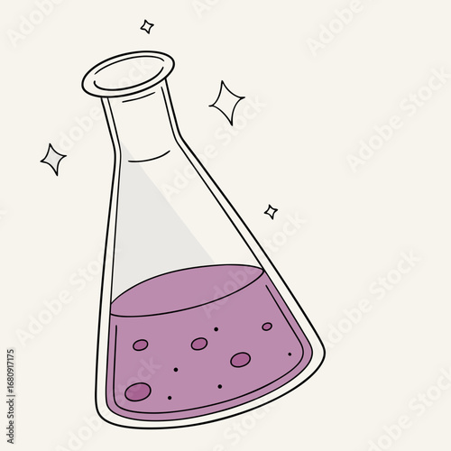 A cartoon illustration of a science flask filled with purple liquid and bubbles with sparkling stars around it