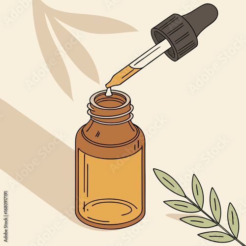 A dropper dispensing amber liquid into an open brown glass bottle with a blank label and botanical elements