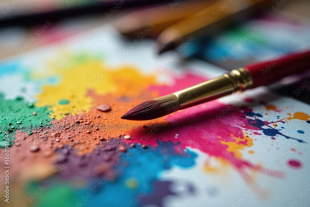 Fototapeta premium Close-up of a paintbrush resting on a vibrant, colorful palette, surrounded by art supplies The scene evokes creativity and artistic expression , paints, oil paint