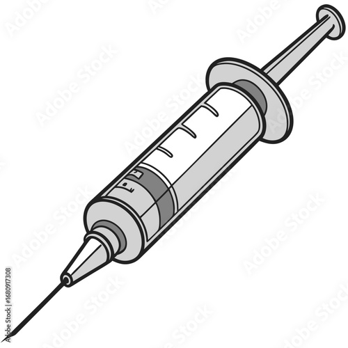 A simple illustration of a medical syringe with a needle and markings on the barrel