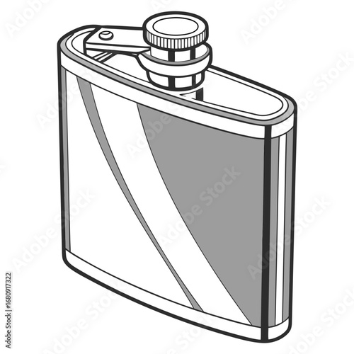 A sleek modern stainless steel flask with a textured cap and a distinctive curved design isolated on white