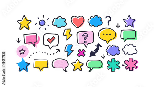 Colorful doodle icons with stars and speech bubbles