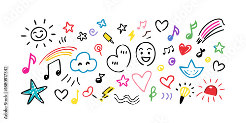 Colorful doodle icons with transparent background hand drawn