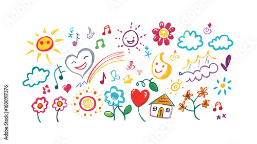 Colorful doodle illustrations of nature and music vector