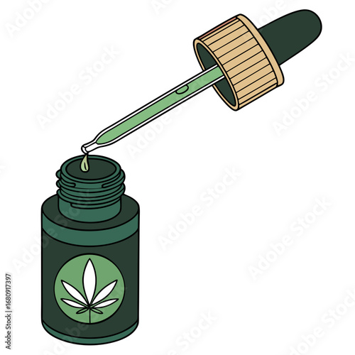 Cannabis oil dropper dispensing a single drop into a dark green bottle with a cannabis leaf logo
