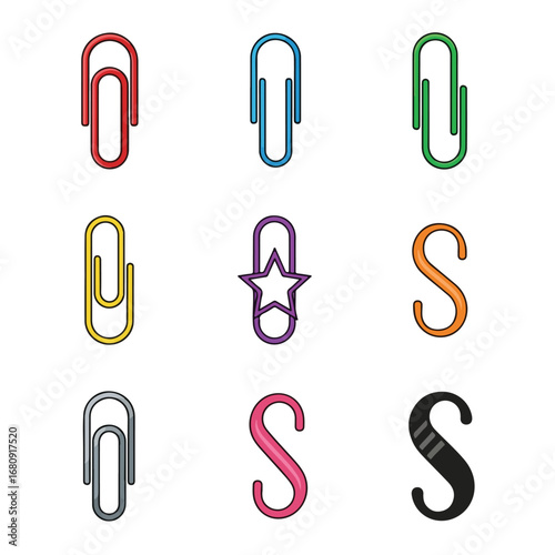 Collection of colorful and uniquely shaped paper clips and fasteners on a white background