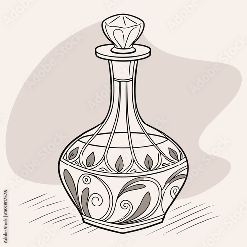 Elegant antique decanter with ornate decorative patterns and a faceted stopper on a light background