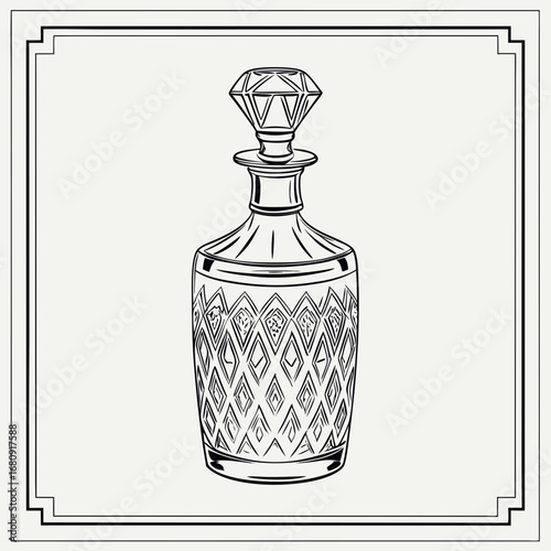 Elegant art deco style crystal decanter with diamond shaped stopper and faceted body
