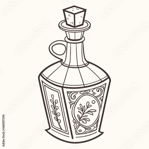 Elegant antique glass bottle with ornate floral designs and a cork stopper line art illustration