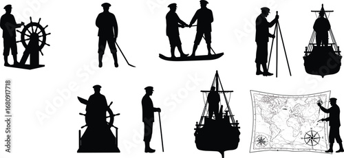 Silhouette of sailors, sea captains, navigators using map, ship wheel, telescope, compass, ship, marine exploration, 
