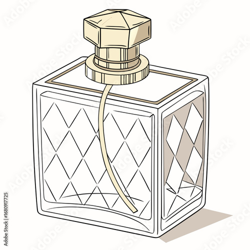 Elegant glass perfume bottle with diamond pattern and gold cap on a white background with shadow