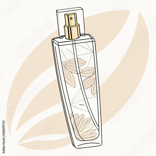 Elegant glass perfume bottle with gold spray nozzle and delicate floral design inside