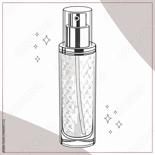 Elegant glass spray bottle with a sparkling liquid inside and a silver pump dispenser