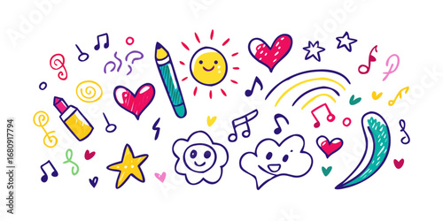 Colorful hand drawn doodles with musical notes and happy faces