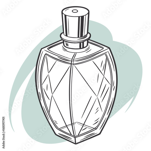 Elegant outline drawing of a faceted glass perfume bottle with a metallic cap on a light blue abstract background