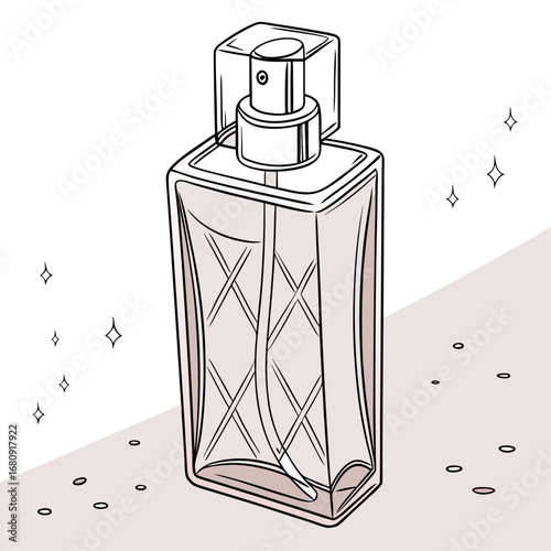 Elegant minimalist illustration of a stylish perfume bottle with sparkling accents on a soft background