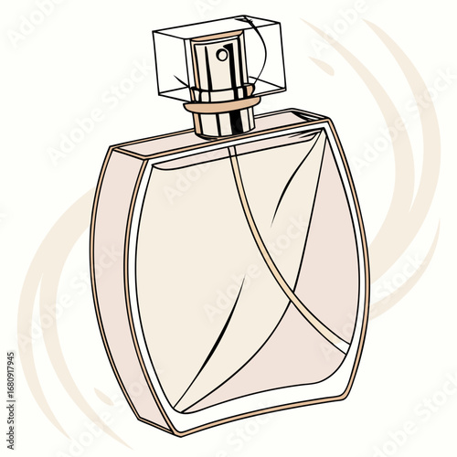 Elegant perfume bottle with a delicate spray nozzle and subtle swirling background design