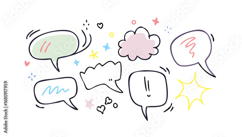 Colorful hand drawn speech bubbles and stars thought bubbles