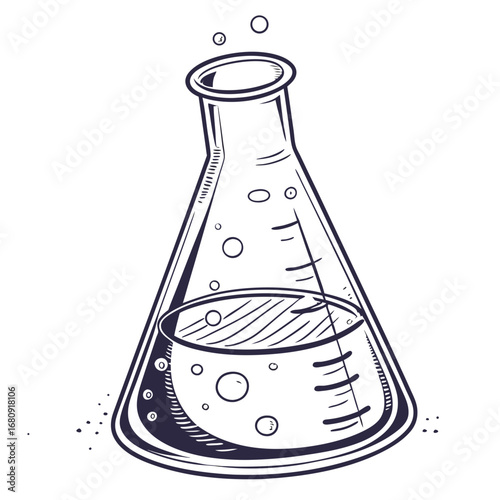 Hand drawn illustration of a bubbling erlenmeyer flask with liquid and measurement markings