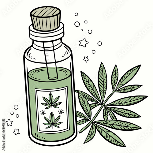 Hand drawn illustration of a glass dropper bottle filled with green liquid next to a cannabis leaf sprig