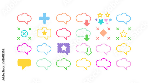 Colorful speech bubbles and stars cloud plus sign