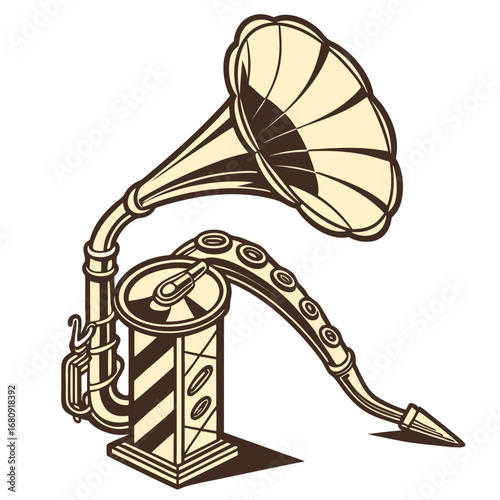 Retro phonograph horn and turntable with a stylized vintage design and muted color palette