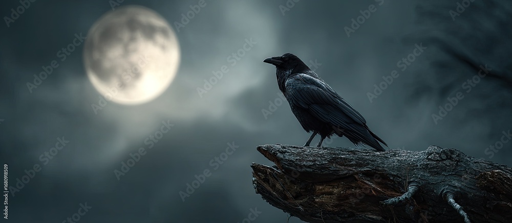 Fototapeta premium Black Raven Perched on Branch Under Full Moon in Moody Night Scene