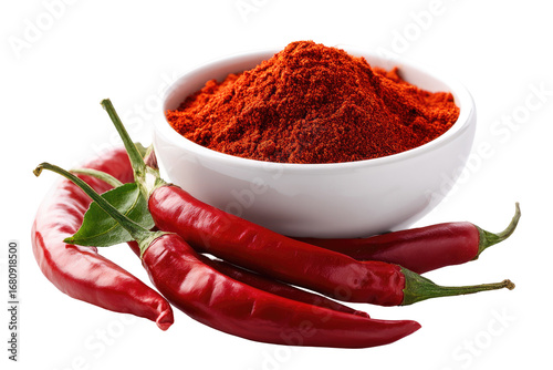 Red chili powder in a bowl, with fresh chili peppers