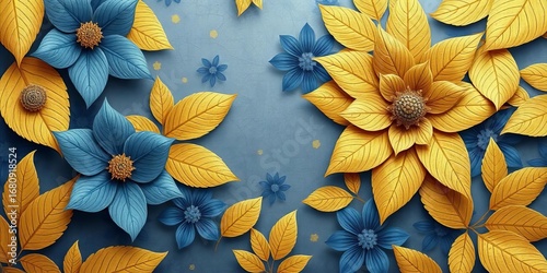 Abstract golden blue floral wallpaper with organic leaf textures, luxurious elegant design,  elegant,   wallpaper illustration
