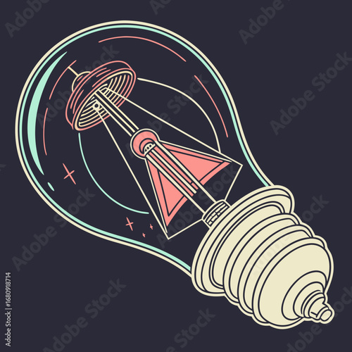 Stylized illustration of a vintage light bulb containing a retro rocket ship design with cosmic elements