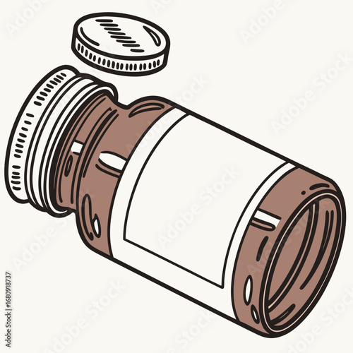 Stylized illustration of an open brown glass medicine bottle with a blank label and detached cap