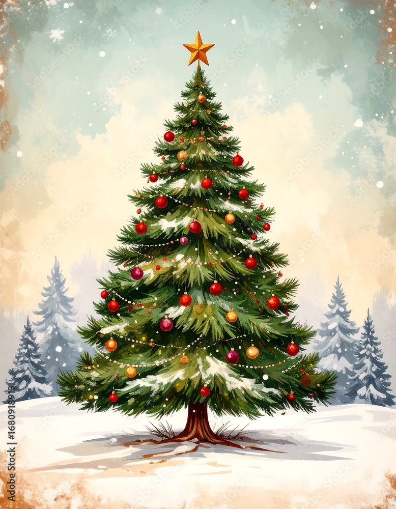 Obraz premium Festive Christmas tree in snowy landscape