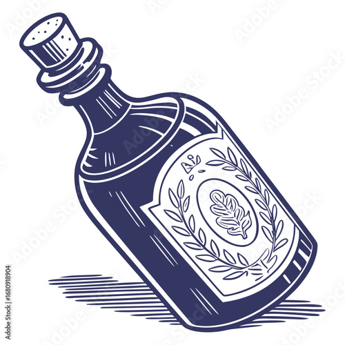 Vintage dark blue ink drawing of a corked glass bottle with a laurel wreath label on white background