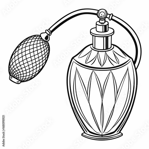 Vintage perfume bottle with a bulb atomizer and a decorative etched glass design