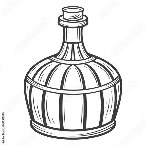 Vintage glass demijohn bottle with wicker basket cage isolated on white background in black and white