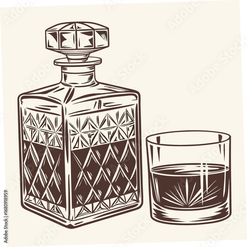Vintage style illustration of a crystal decanter filled with whiskey next to a glass