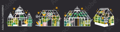  Glass greenhouse orangery in cartoon . Greenhouse garden for growing plants, flora, botany and organic products. Glass facade of winter garden outdoors. Vector doodle retro illustration