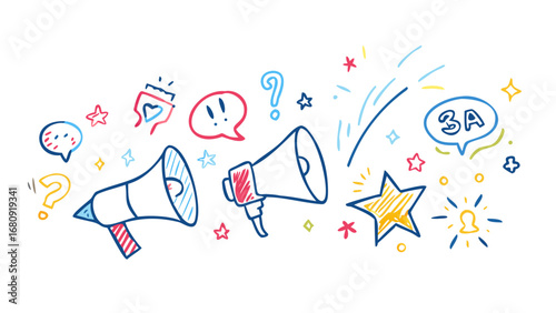 Doodle Megaphones Stars Speech Bubbles hand drawn illustration