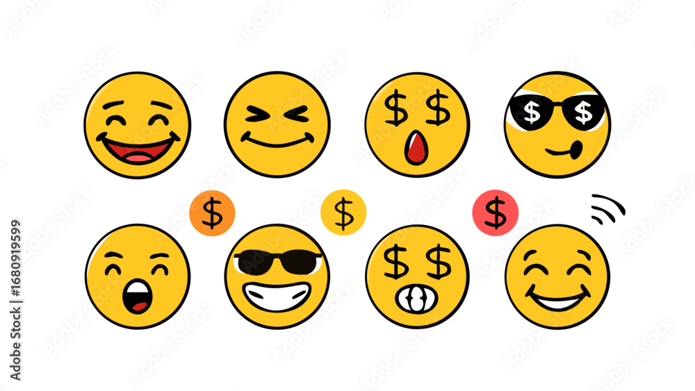 Fototapeta premium Emoji faces with dollar signs and sunglasses yellow